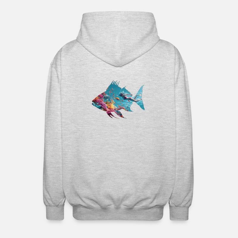Silhouette de poisson sous-marin avec plongeur - Veste à capuche unisexe - gris clair chiné