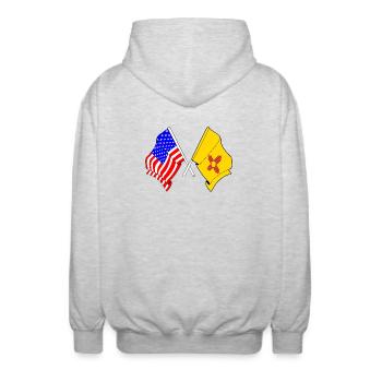 Drapeau des États-Unis et de l’État du Nouveau-Mexique franchi - Veste à capuche unisexe - gris clair chiné - Dos - AI Model Male 185 light (185cm)