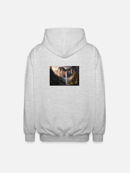 Poster Ölgemälde Berglandschaft mit Wasserfall - Unisex Kapuzenjacke - Hellgrau meliert