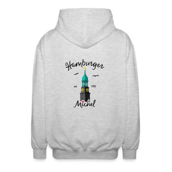 Hamburger Michel, Norddeutschland, Zeichnung - Unisex Kapuzenjacke - Hellgrau meliert - Hinten - AI Model Male 185 light (185cm)