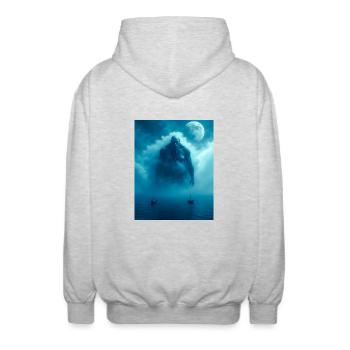 Umibōzu, japanischer Meeresgeist der pazifischen Folklore - Unisex Kapuzenjacke - Hellgrau meliert - Hinten - AI Model Male 185 light (185cm)
