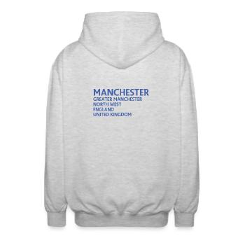 Manchester – England Lyric Design - Unisex Kapuzenjacke - Hellgrau meliert - Hinten - AI Model Male 185 light (185cm)