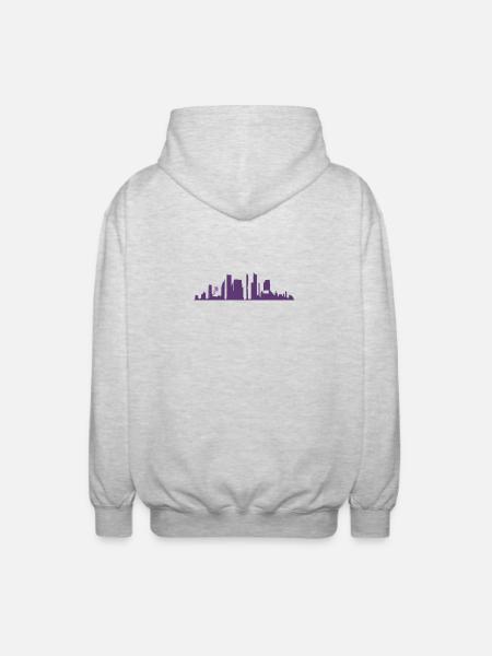 Urban silhouette in purple gradation - Unisex Hooded Jacket - light heather grey