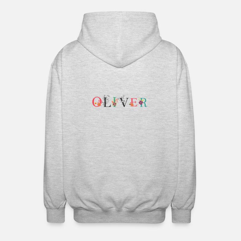OLIVER Namenskunst mit gestickten Blumen - Unisex Kapuzenjacke - Hellgrau meliert