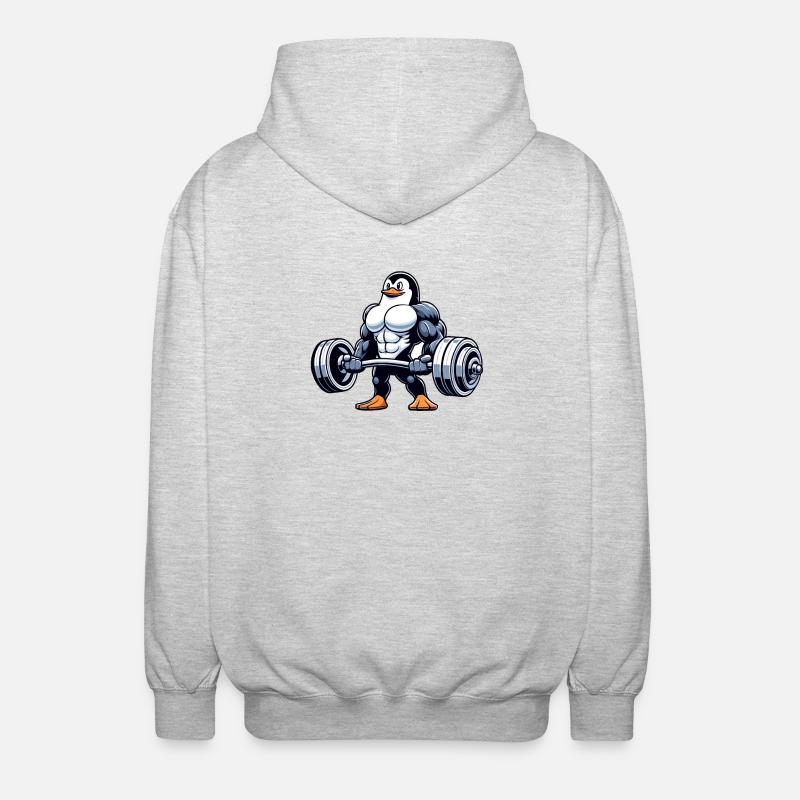 Penguin strength training with dumbbell - Unisex Hooded Jacket - light heather grey