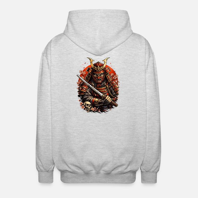 Samurai with cherry blossoms and skull - Unisex Hooded Jacket - light heather grey