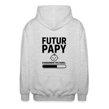 Annonce grossesse Futur papy 2026 Bientôt Papi - Veste à capuche unisexe - gris clair chiné - Dos - AI Model Male 185 light (185cm)