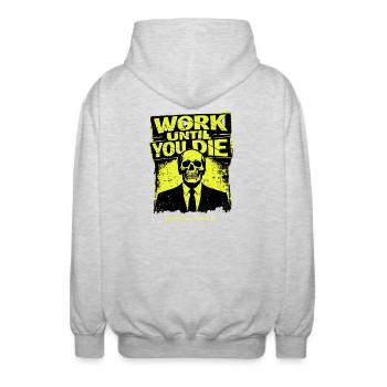Work Till Death Skull - Unisex Hooded Jacket - light heather grey - Back - AI Model Male 185 light (185cm)