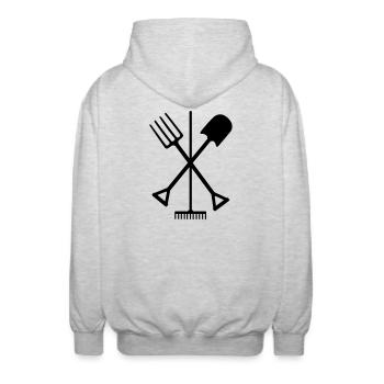 Outils de jardin pelle râteau et fourche croisée - Veste à capuche unisexe - gris clair chiné - Dos - AI Model Male 185 light (185cm)