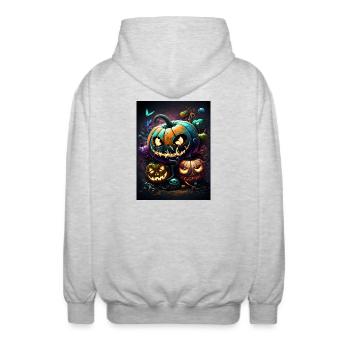 Leuchtende Halloween-Kürbisse im Nachtwald - Unisex Kapuzenjacke - Hellgrau meliert - Hinten - AI Model Male 185 light (185cm)