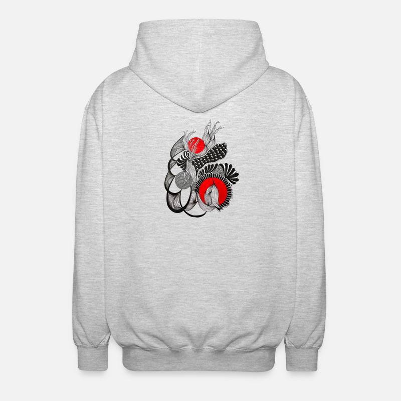 Monochrome Blütenkreise mit Rot - Unisex Kapuzenjacke - Hellgrau meliert