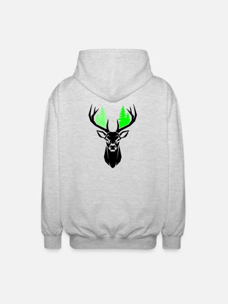 Deer Head Fir Trees Natural Green - Unisex Hooded Jacket - light heather grey