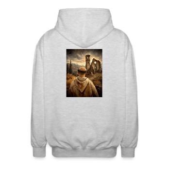 Mönch vor Ruinen bei Sonnenuntergang - Unisex Kapuzenjacke - Hellgrau meliert - Hinten - AI Model Male 185 light (185cm)