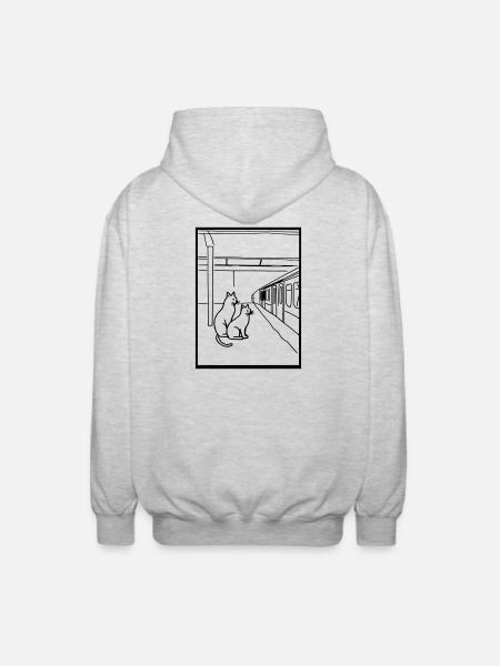 Cats Train Station Waiting Line Art - Unisex Hooded Jacket - light heather grey