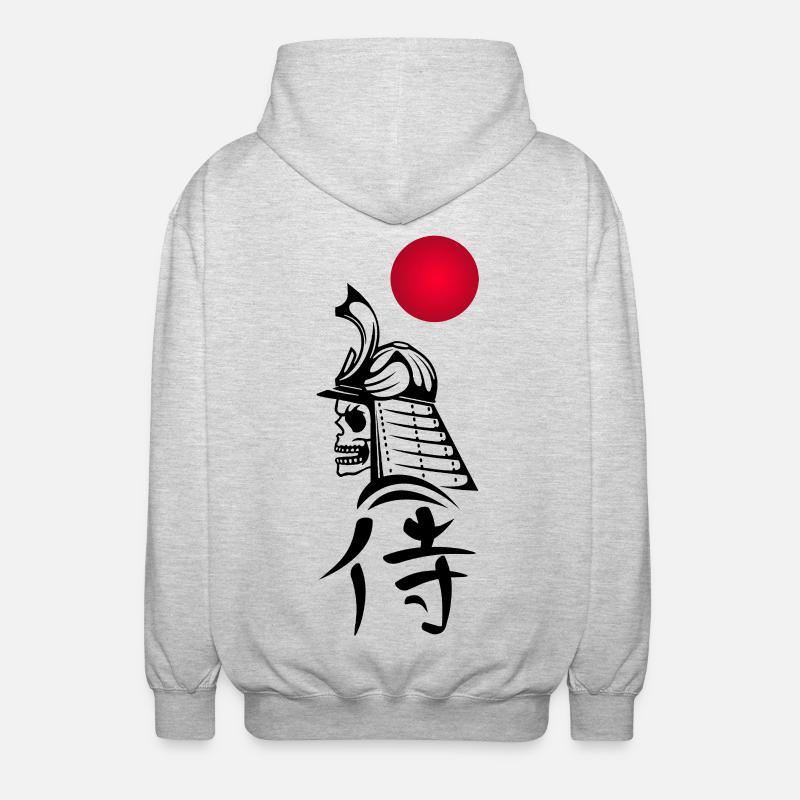 Schwarzer Samurai und Rote Sonne - Unisex Kapuzenjacke - Hellgrau meliert