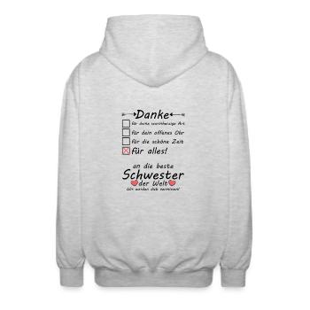 Schwester zieht aus Auszug Danke zum Abschied - Unisex Kapuzenjacke - Hellgrau meliert - Hinten - AI Model Male 185 light (185cm)