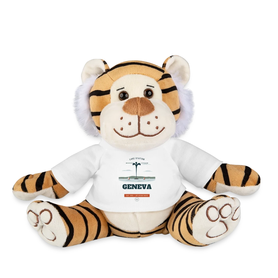 Geneva badge on a plush tiger, white
