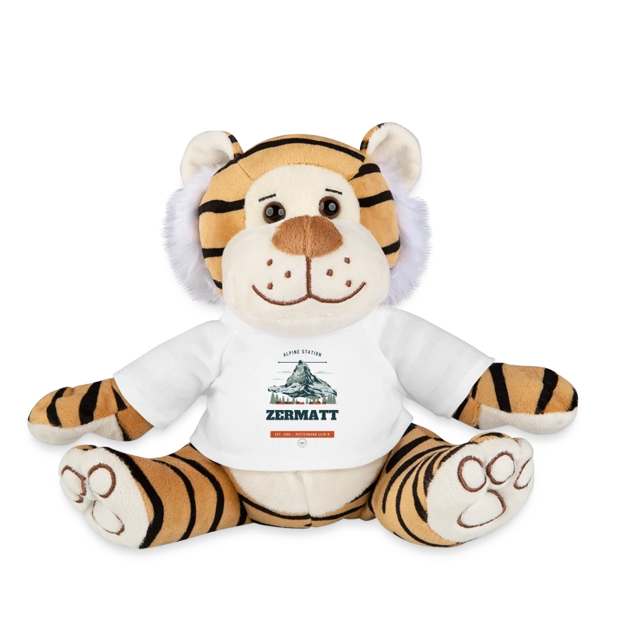 Zermatt badge on a plush tiger, white