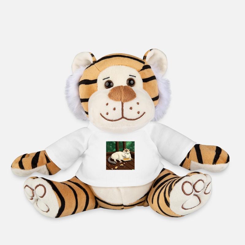 Cat makes himself comfortable and eats - Plush Tiger - white
