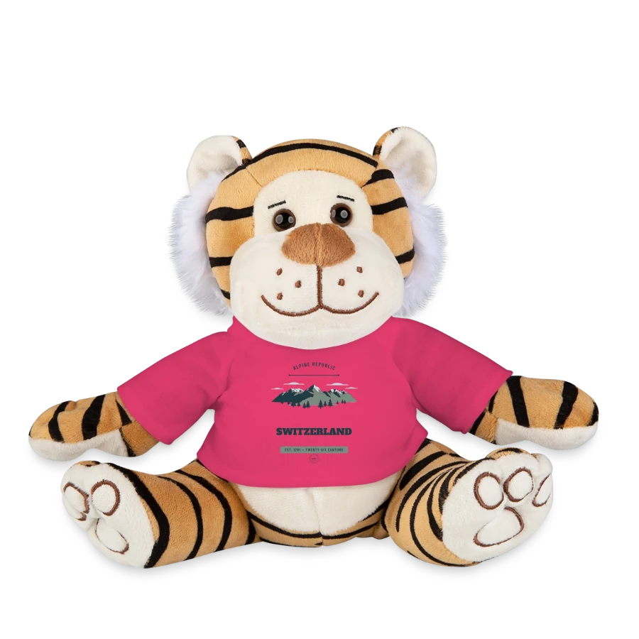 Switzerland badge on a plush tiger, pink
