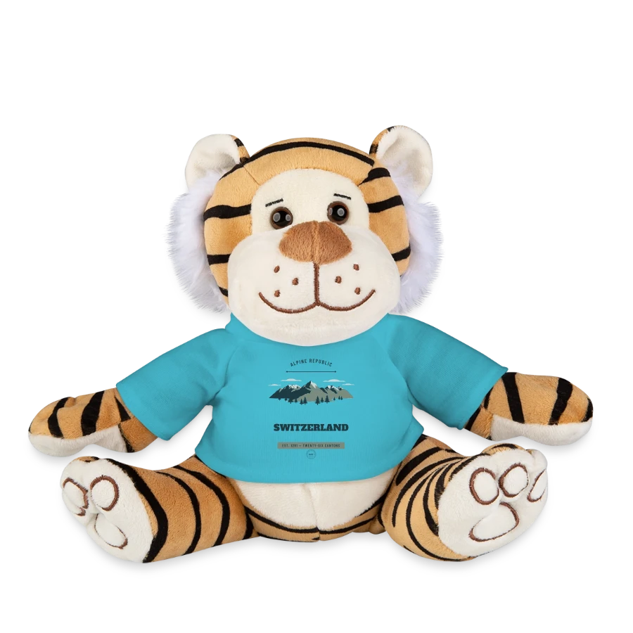 Switzerland badge on a plush tiger, atoll blue