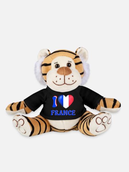 I love France Blue White Red Flag Heart - Plush Tiger - black