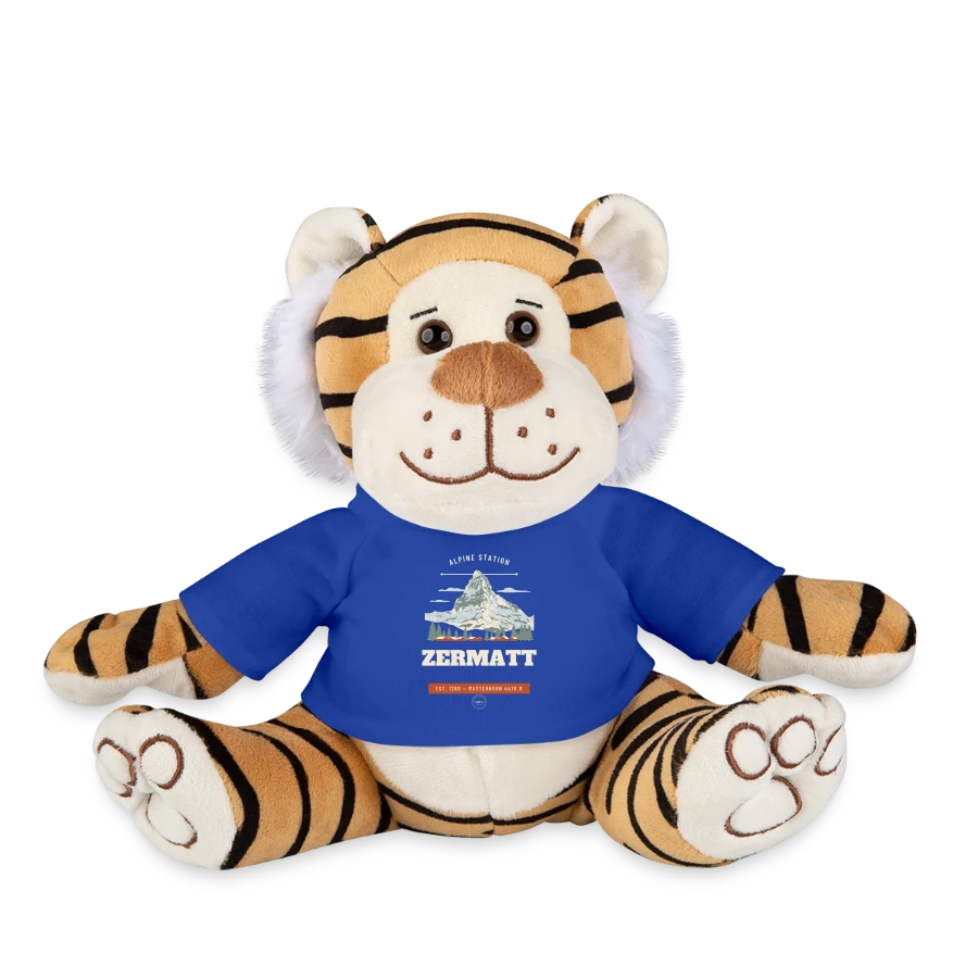 Zermatt badge on a plush tiger, royal blue