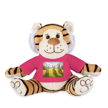 Trois lapins dans le champ de printemps - Peluche Tigre - rose - Devant