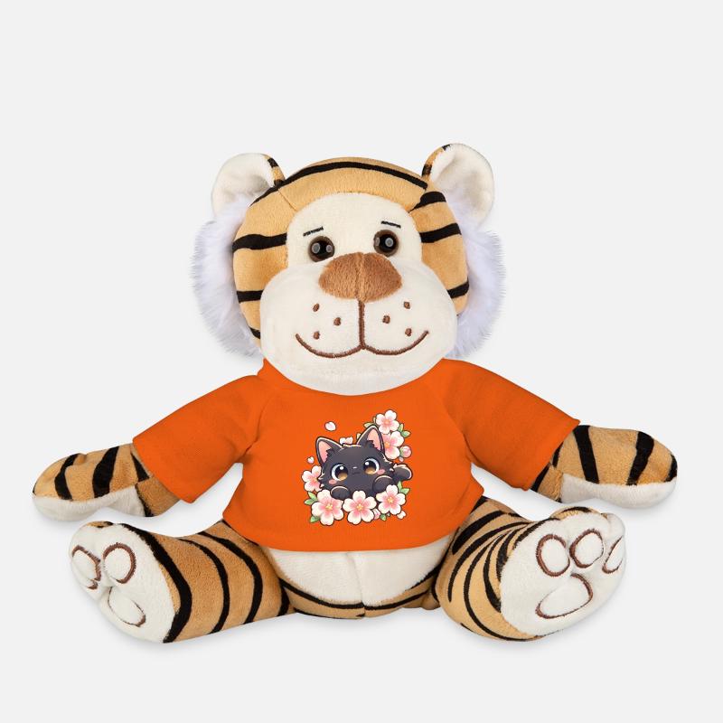 Cute Black Cat & Cherry Blossoms – Kawaii Sakura - Plush Tiger - golden orange