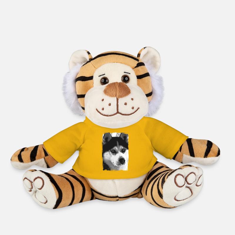 Portrait de Husky noir et blanc - Peluche Tigre - jaune soleil
