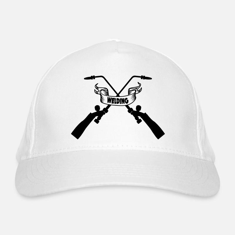 Two crossed welding machines with text banner Organic Baseball Cap