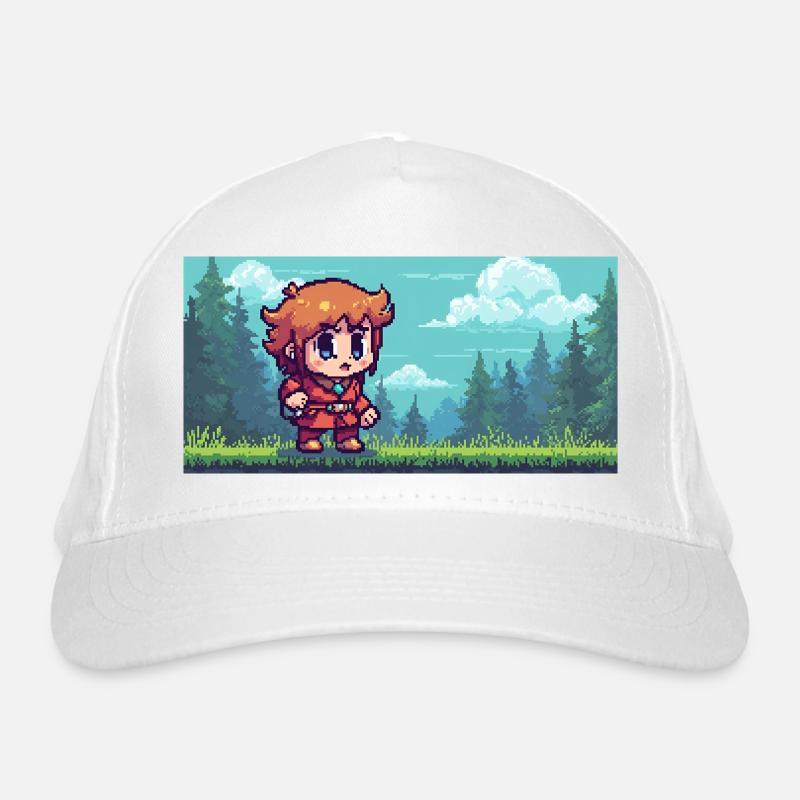 Héros pixel dans la scène du jeu d’aventure en forêt Casquette classique bio
