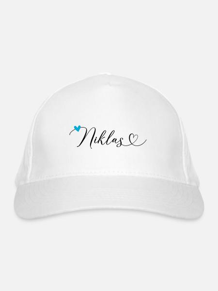 Niklas Name Vorname Kalligrafieherz - Bio-Baseballkappe - Weiß - Vorne