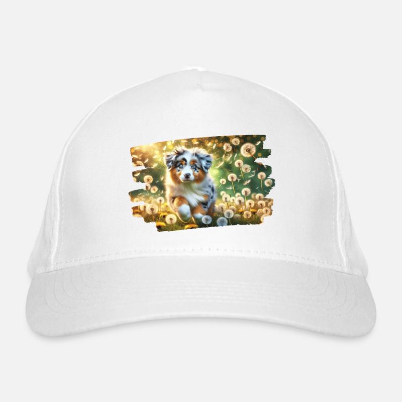 Playful Australian Shephe puppy on a dandelion meadow - Organic Baseball Cap - white
