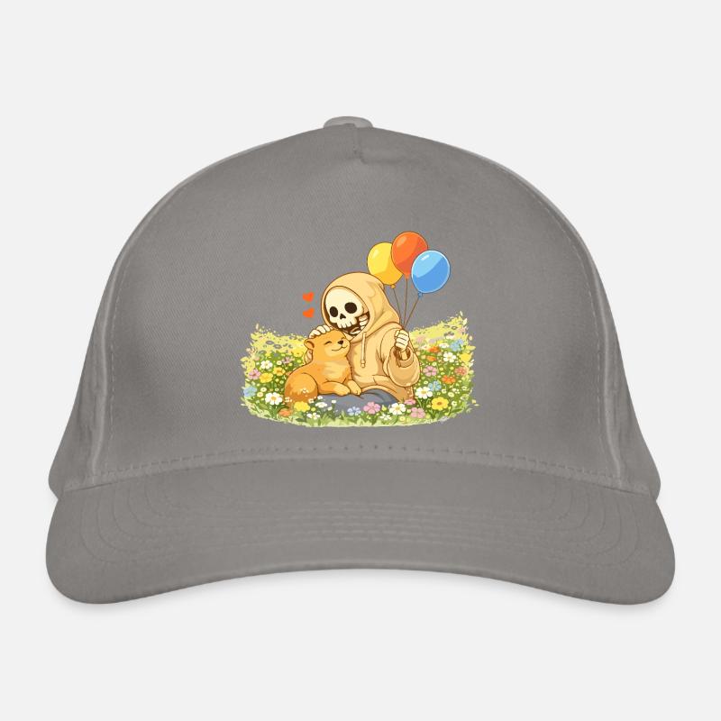 Squelette douillet avec chat sur la prairie fleurie Casquette classique bio