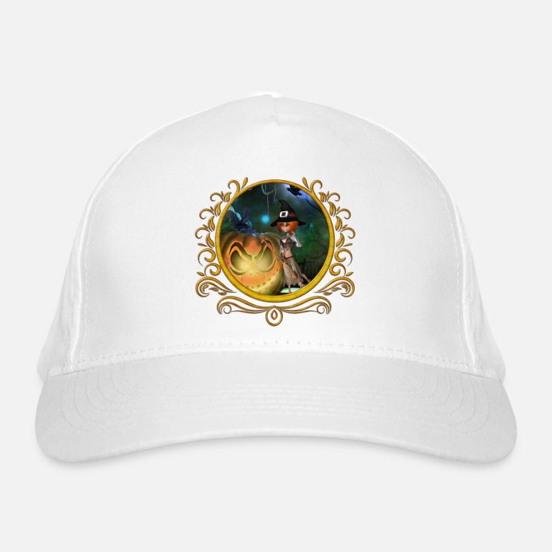 Cute little witch with pumpkin at night Organic Baseball Cap