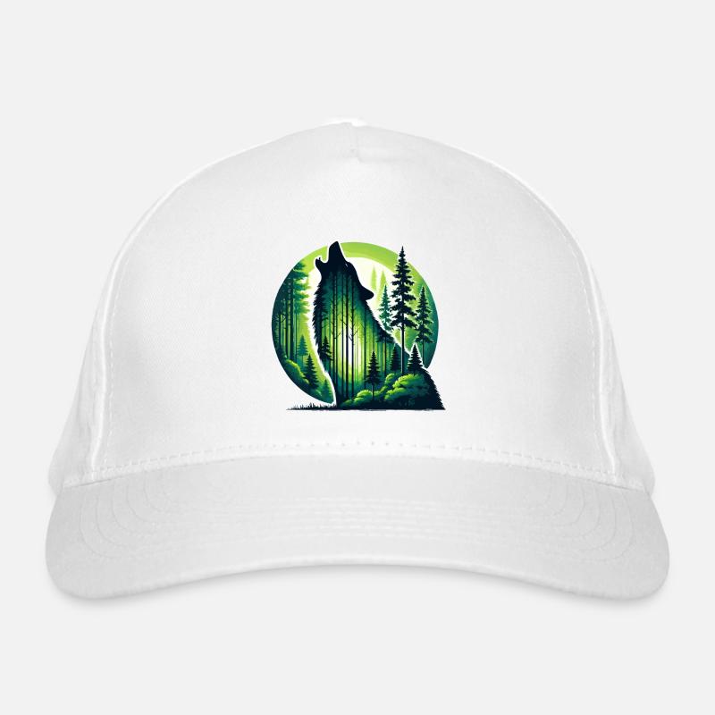 Silhouette heulender Wolf mit grünem Wald Bio-Baseballkappe