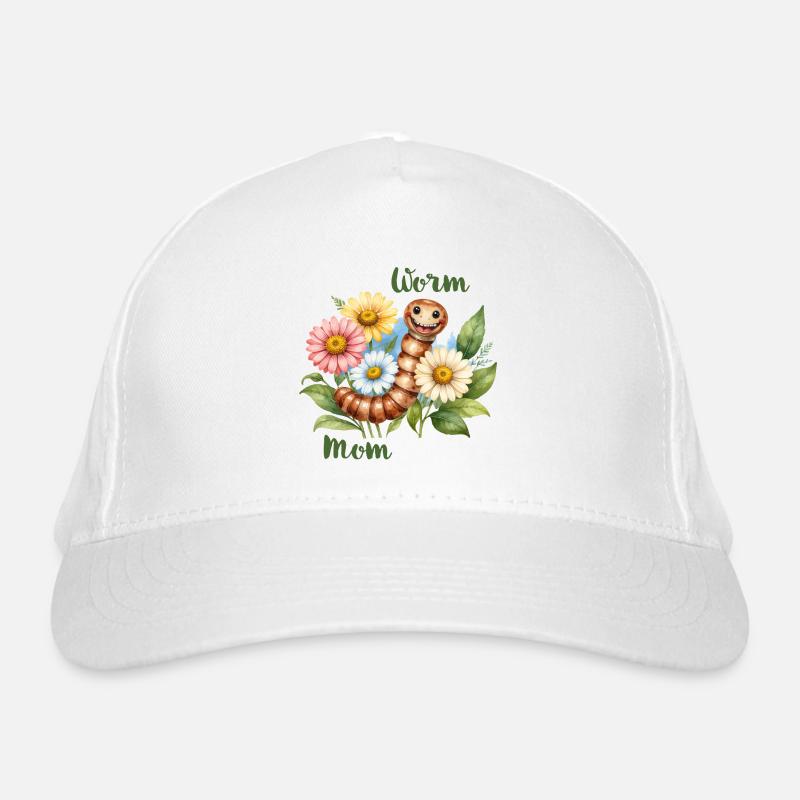 Worm Mom – Regenwurm in Blumen, Aquarell - Bio-Baseballkappe - Weiß