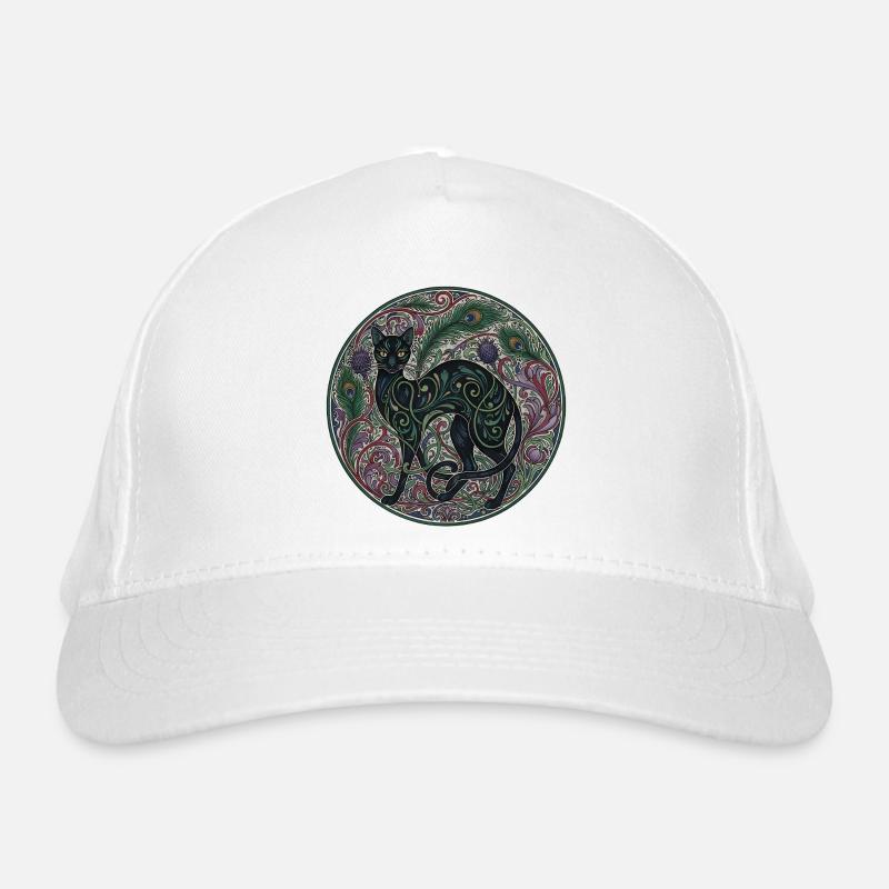 Interwoven Night Cat Ornamental Circle - Organic Baseball Cap - white