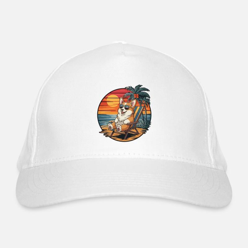 Funny Corgi Dog on Beach Summer Vacation Sunset Organic Baseball Cap