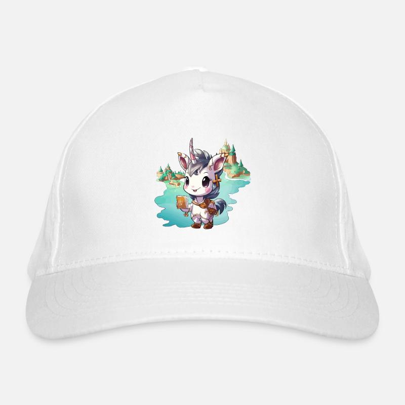 Kleiner Unicorn mit Buch am See - Bio-Baseballkappe - Weiß