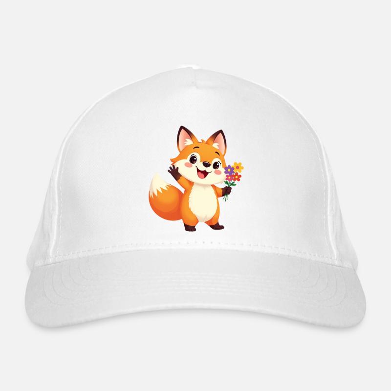 Fröhlicher Cartoon Fuchs mit Blumenstrauß - Bio-Baseballkappe - Weiß