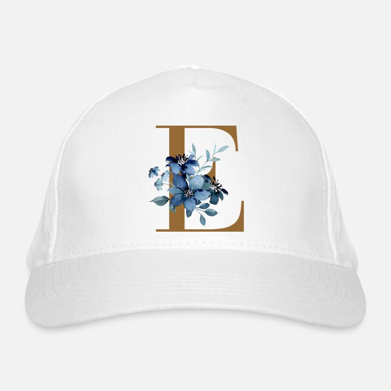 Florales E – Goldener Buchstabe mit Blüten - Bio-Baseballkappe - Weiß