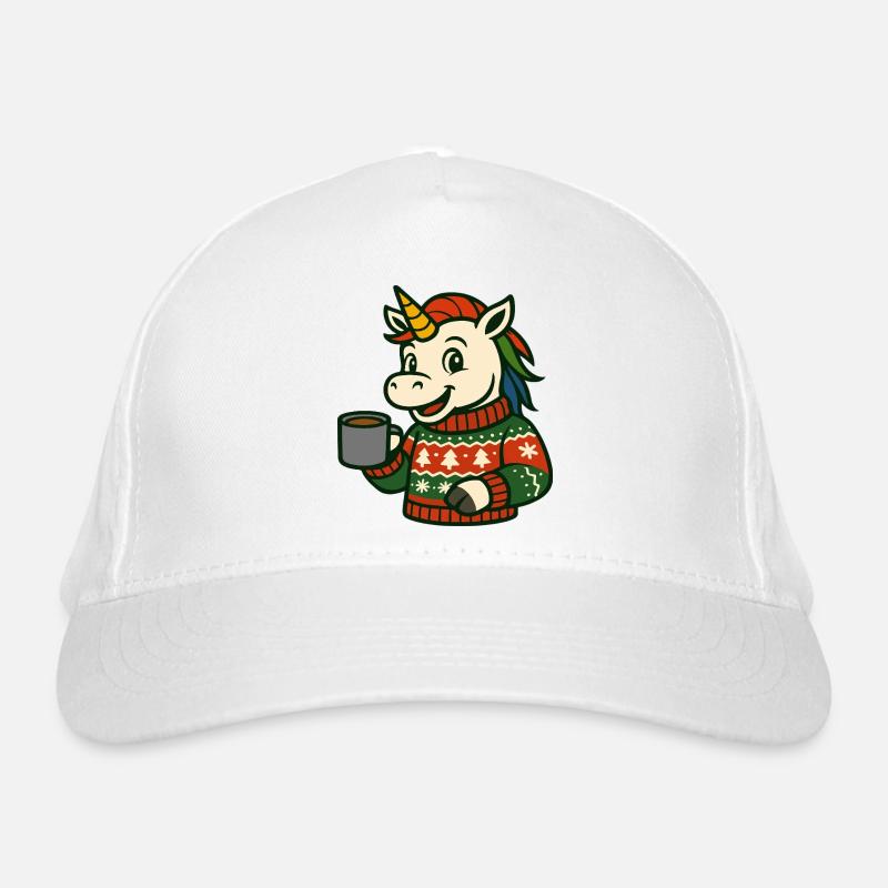 Einhorn Cozy Pullover Heißgetränk Feiertagskunst - Bio-Baseballkappe - Weiß