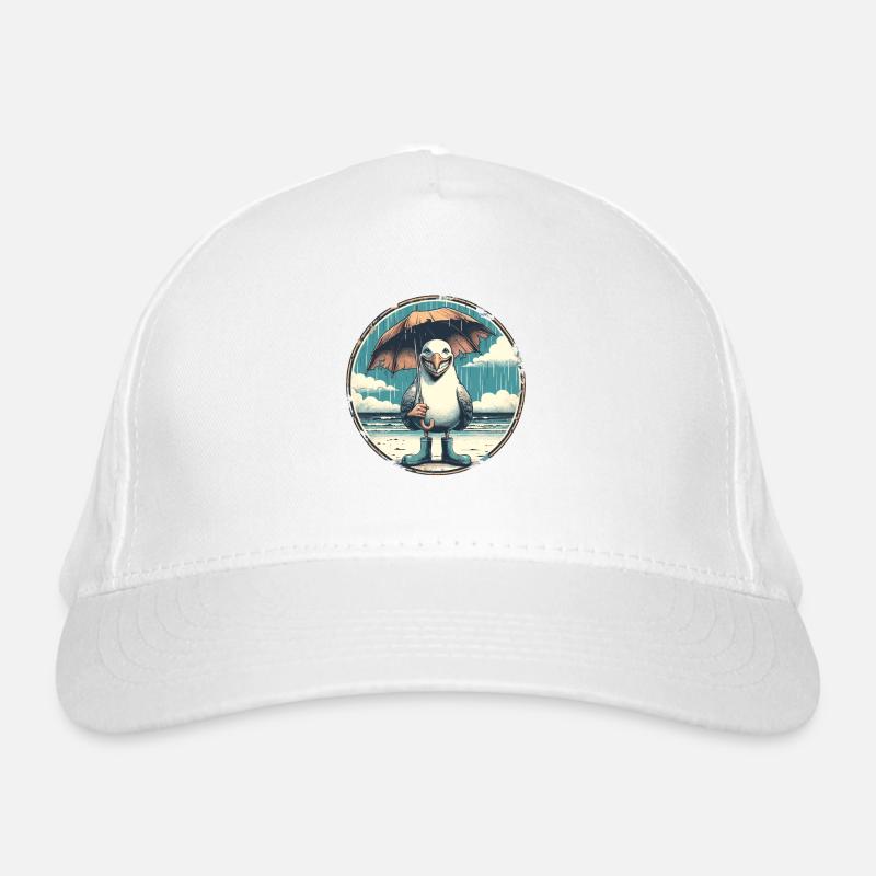 Lachende Möwe mit Gummistiefel und Regenschirm Bio-Baseballkappe