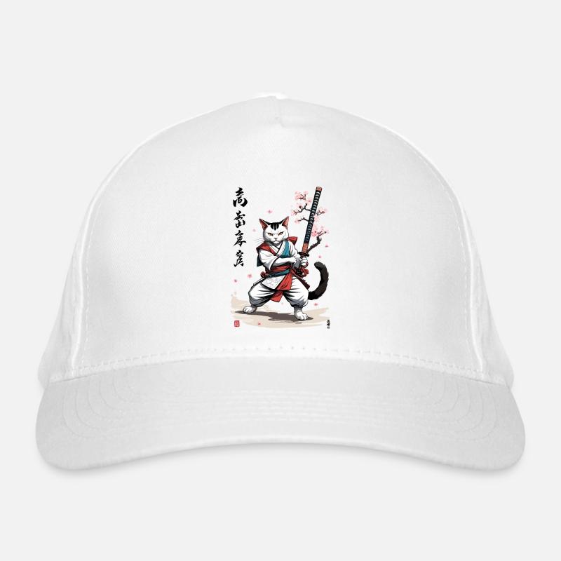 Samurai Katze mit Katana Kirschblüten Vintage Stil Bio-Baseballkappe