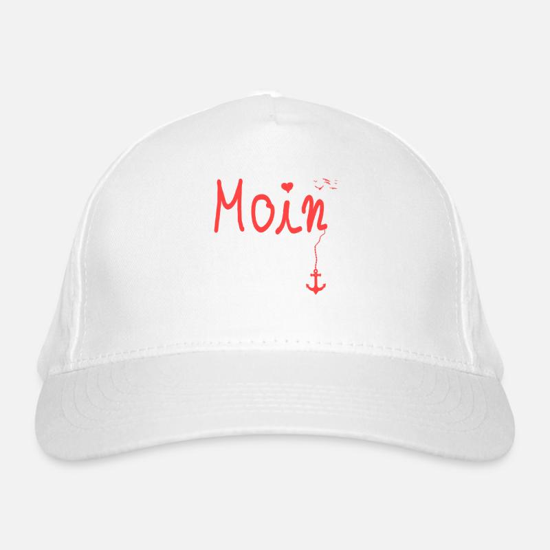 Moin Begruessung Moin mit Moewe in Rot Bio-Baseballkappe
