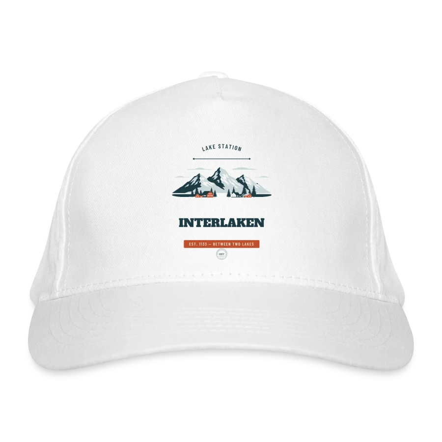 Interlaken badge on a organic baseball cap, white