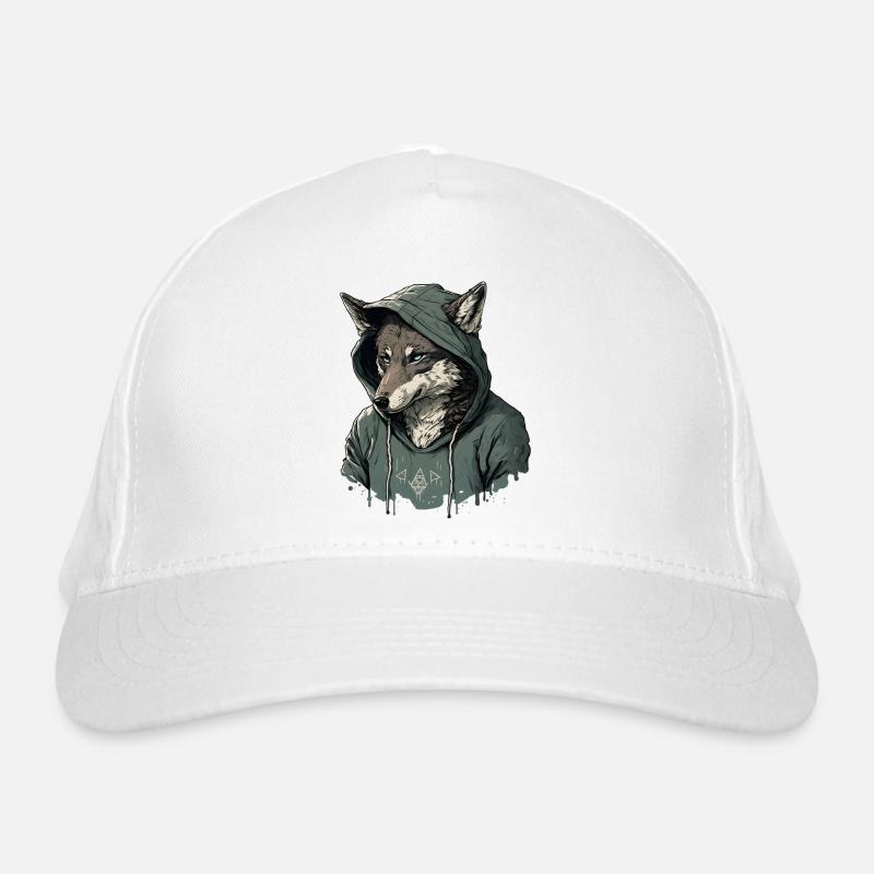 Wolf mit Hoodie - Bio-Baseballkappe - Weiß