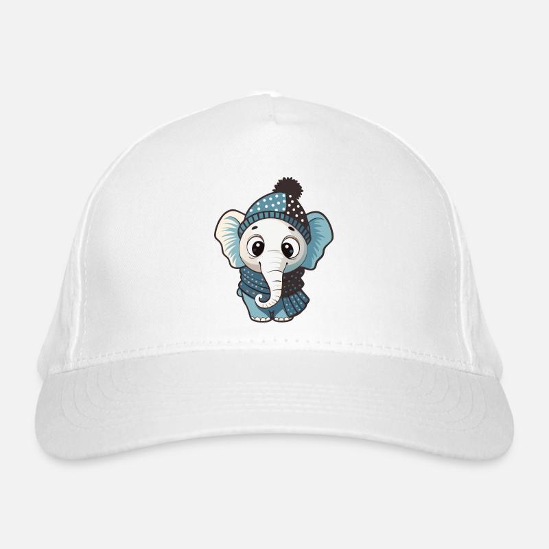 Éléphant mignon avec écharpe et chapeau à pompon. Casquette classique bio